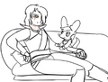 Homaro on a couch with a Pride Djinn